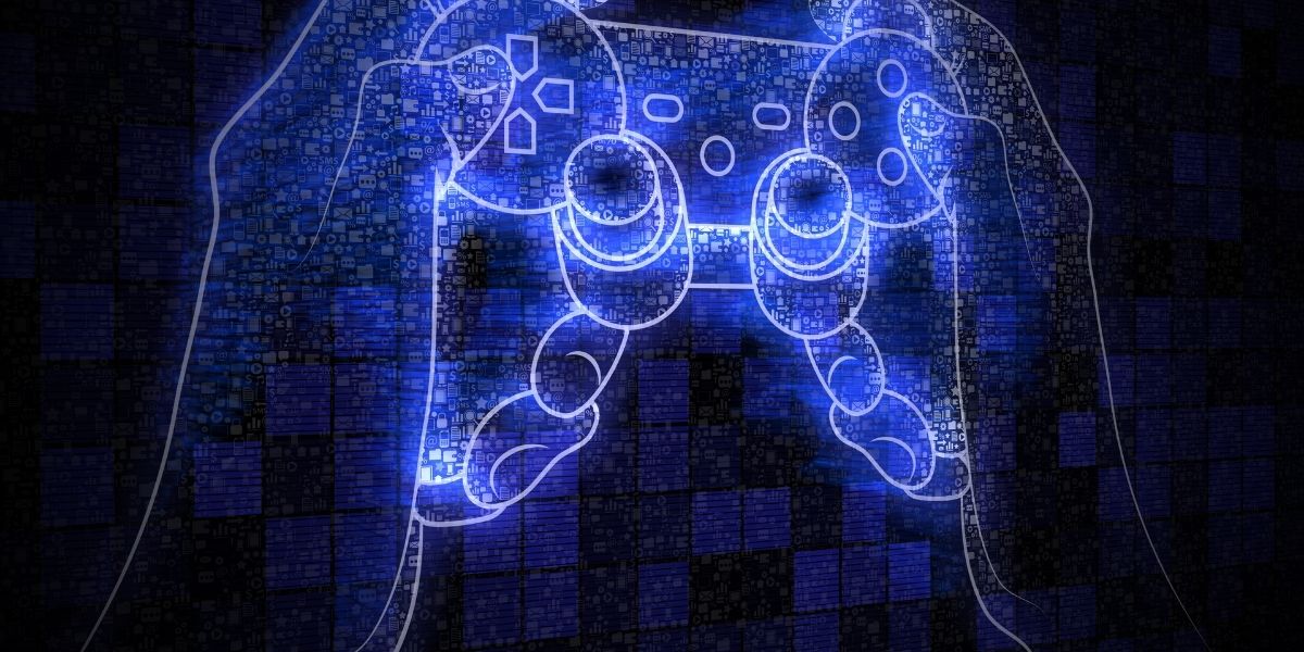 Une manette de console de jeux, représentée avec des effets de lumière bleu, fond noir