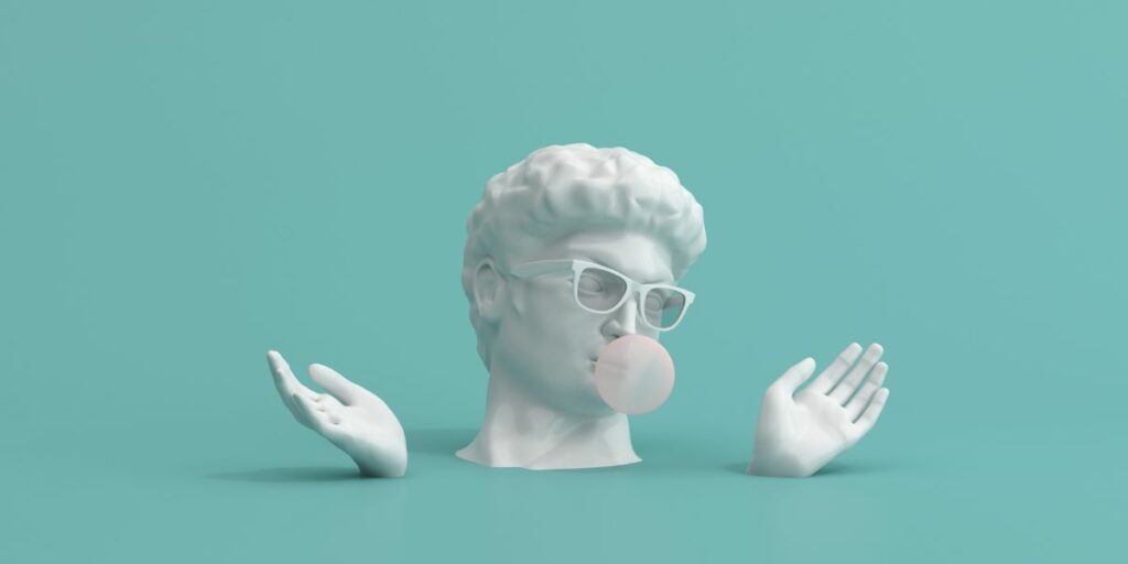 Une statue grecque avec des lunettes en train de faire une bulle de chewing gum, sur un fond cyan